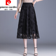 皮爾卡丹（pierre cardin）】黑色波點2025夏季網(wǎng)紗莎莎裙半身裙中長款高腰a字歐根紗蓬蓬裙 樹葉花 M