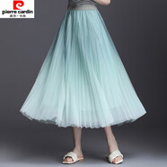皮爾卡丹漸變色網(wǎng)紗百褶半身裙女中長(cháng)款裙子高腰百搭顯瘦中長(cháng)裙 果綠色