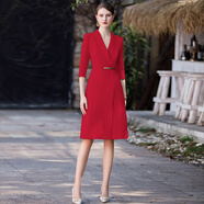 法莎羅兒（FASLOV）高檔職業(yè)西裝連衣裙女春夏季新款時(shí)尚中長(cháng)裙收腰顯瘦通勤氣質(zhì)裙子 (七分繡)紅色連衣裙 M