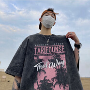 栗譜純棉短袖男t恤夏季重磅水洗做舊復古美式T恤男大碼潮牌半袖情侶裝 T131【純棉】黑色 M【建議90-105斤】