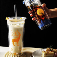 吸管杯透明雙層隔熱玻璃水杯創(chuàng)意印花牛奶杯冷飲茶杯耐高溫隔熱帶蓋水杯大容量奶茶杯辦公室桌面喝水杯子 雙層吸管杯【黃色麋鹿款】+吸管大禮包