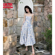 UKMR式藍色油畫(huà)長(cháng)裙沙灘裙碎花吊帶連衣裙女夏仙氣質(zhì)感感 淺藍色(炸街鹽系穿搭) L 建議90-108斤