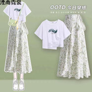 湮雨霓裳連衣裙女2024夏季套裝韓版寬松設(shè)計(jì)感短袖T恤高腰碎花半身裙套裝 碎花半身連衣裙 M 建議100-119斤