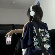 艾妃琳美式復古潮牌t恤寬松墨綠色女學(xué)生休閑短袖原宿風(fēng)印花百搭上衣服 藏青色  M 85-105斤
