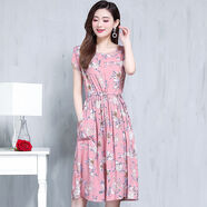 索宛亦（SUOWANYI）2021夏季新款碎花棉綢短袖連衣裙女中長款收腰修身顯瘦人造棉裙 香雪蘭-粉底 3XL 建議(130斤-145斤