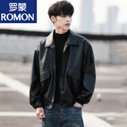 羅蒙（ROMON）韓版潮流帥氣寬松皮衣男機車(chē)服飛行員皮夾克秋冬港風(fēng)外套 黑色8817皮衣 M 建議【90斤-110斤】
