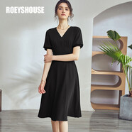 ROEYSHOUSE羅衣氣質V領大擺連衣裙女夏裝新款優(yōu)雅藍色中長裙04375 黑色 S