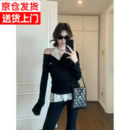 琪泡泡美式辣妹黑色V領(lǐng)長(cháng)袖t恤女春秋2025新款氣質(zhì)修身顯瘦內搭外穿上衣 蕾絲內搭+黑色上衣【兩件套】 XL 建議【120-130斤】
