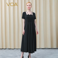 VOA絲綢重磅拼接提花系帶鏤空露背短袖風(fēng)琴褶中長(cháng)款連衣裙 AE875 流光黑 M