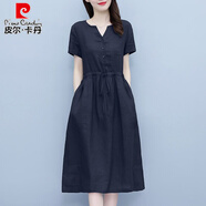 皮爾卡丹亞麻連衣裙女洋氣減齡2025年夏季高端收腰顯瘦棉麻中長(zhǎng)款短袖裙子 黑色 L 100-115斤