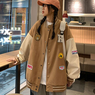 2秋冬加厚特大碼棒球服外套男女學(xué)生港風(fēng)bf鹽系情侶夾克機車(chē)300斤 咖啡色 4XL 建議250-300斤