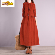 初徑燈芯絨連衣裙女秋冬款寬松顯瘦復古木耳花邊立領(lǐng)a字條絨長(cháng)裙 紅色 (少量現貨) M 【建議90-110斤】