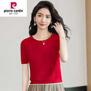 皮爾卡丹（pierre cardin）冰絲短袖t恤女修身2024新款夏薄款針織衫小個(gè)子漂亮氣質(zhì)短款上衣 酒紅色 杏邊 L 建議103-114斤穿