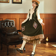 森女部落原創(chuàng  )連衣裙秋冬法式長(cháng)裙氣質(zhì)輕lo森系氛圍感疊穿背帶裙女 綠色背帶裙（單件） S