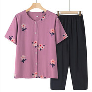 中老年人媽媽短袖夏裝開衫上衣女寬松套裝棉綢奶奶衣服套裝人造棉 紫色（套裝） 2XL （建議90-105斤）