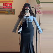 UKMR大碼甜辣純欲長(zhǎng)裙子女秋季微胖mm顯瘦修身超火吊帶包臀連衣裙套裝 黑長(zhǎng)裙 4XL碼(建議160-180斤)