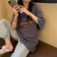 KAHTOP2025夏新款23夏新款韓版寬松原宿風印花短袖中長款T恤BF風上衣QWX 深灰色 M 80-100