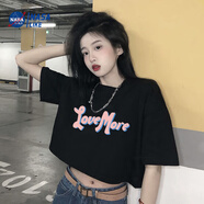 尚簡(jiǎn)紛秋季潮流辣妹甜美風(fēng)愛(ài)心t恤女高腰短款上衣ins純棉短袖女韓版寬松 黑色【268】Love More L 建議100-115斤