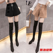 短褲女高腰新款外穿a字寬松秋冬休閑闊腿女士短褲單兩件裝毛呢高腰短褲女秋冬新款顯瘦百搭褲子冬季外穿靴褲 黑色+卡其色【兩件裝】 3XL 145-160斤