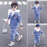 溜溜蛙男童套裝春秋季新款兒童牛仔套裝中大童韓版休閑潮流牛仔上衣外套褲子兩件套小男孩衣服3-12歲潮 牛仔藍 120