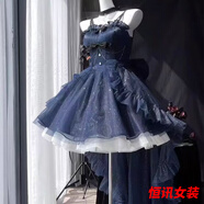 美梵朗夏季新款法式在逃公主裙精致洋氣收腰顯瘦細(xì)閃拖尾連衣裙短裙女潮 藍(lán)黑色 L