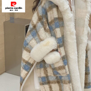 皮爾卡丹（pierre cardin）毛呢大衣2024大碼秋冬帶帽毛絨斗篷披肩連帽格子加厚外套大衣 米藍格口袋款