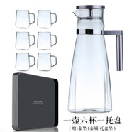 ORTOR涼水壺玻璃家用冷水壺大容量水壺涼水杯可加熱茶水壺果汁壺手柄壺 圓柄壺8件套（6單杯1中托1壺 1.6L