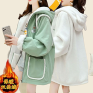 俞兆林 正反兩穿開(kāi)衫紅色外套衛衣女加絨加厚秋冬新款韓版寬松外套 綠色拼白色【/正反兩穿】 加絨 M _【建議115斤以下】