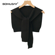 SOMUBAY 純色毛線(xiàn)小披肩女夏季空調房外搭針織時(shí)尚搭肩春秋條紋假領(lǐng)薄 WJ-420黑色 默認