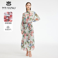 MY TENO白色印花立領(lǐng)連衣裙雪紡收腰度假墜感長(cháng)裙2024春夏新品 白色 XL