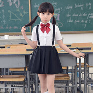 衣諾坊 六一兒童禮服套裝兒童演出服校服 中小學(xué)生花童合唱演出服裝 黑色女:短袖+裙子+背帶+領(lǐng)花襪子 150 （建議體重67-80斤）