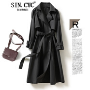 SIN.CYC卡其色風(fēng)衣女中長款春秋季韓版氣質(zhì)寬松復(fù)古英倫風(fēng)收腰外套女 黑色 S 100-110斤