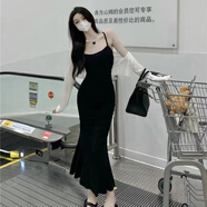 莜衣漫御姐黑色吊帶連衣裙女秋季年新款甜辣修身魚尾裙無袖打底長裙 黑色 M