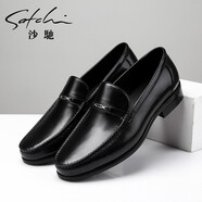 沙馳SATCHI男鞋新品男士商務休閑皮鞋商場同款真皮打蠟皮頭層牛皮套腳樂福鞋 黑色單鞋款 37