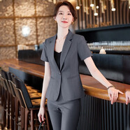 短袖職業(yè)裝套裝女夏商務(wù)西服正裝酒店前臺接待工裝4S店經(jīng)理工作服 灰色西裝+褲子 4XL 建議140-150斤