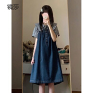 鏡莎連衣裙夏天女裝2024年新款學(xué)院風減齡寬松復(fù)古牛仔背帶裙子女學(xué)生 背帶裙+格子上衣 均碼（可備注碼數(shù)）