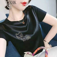 YXHK真絲襯衫女短袖夏品牌女裝燙鉆桑蠶絲圓領(lǐng)寬松百搭白色上衣 黑色(小咪咪) 品質(zhì)好鉆 L 105-120斤
