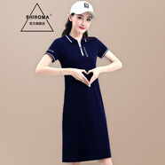 SHIROMA運動長款T恤休閑連衣裙女POLO領(lǐng)夏季新款收腰裙子氣質(zhì)薄款 寶藍(lán) L