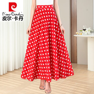 皮爾卡丹（pierre cardin）夏季純色藍(lán)色雪紡半身長裙2024新款高腰A字大擺仙女裙中長款舞裙 A10紅底小白點 S