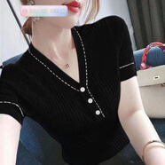 RANAD KEE 氣質(zhì)輕奢潮牌V領(lǐng)短袖T恤女夏新款韓版百搭修身顯瘦紐扣拼接 黑色 L碼適合110-120斤