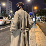 QGF韓系高級感中長款過膝毛呢大衣男士春秋季英倫高個子痞帥風衣外套 XZ812-F627 米白色 XL [建議110-130斤]