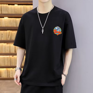Prowow短袖T恤男寬松落肩五分袖學(xué)生港風(fēng)大碼印花半袖打底衫青少年t恤 小標(biāo)流氓兔黑大落肩 L 小碼80-140斤
