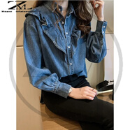 織迷（weave infatuations）2021春季襯衣女新款復古長(cháng)袖疊穿牛仔襯衫外套上衣 A4#深藍 L 建議110-125斤左右