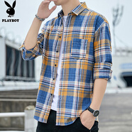 花花公子（PLAYBOY）格子襯衫男春秋季新款時尚潮流休閑外套男士寬松百搭免燙上衣男裝 Q-CHAOSHH119深藍(lán) XL 175