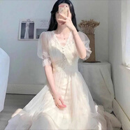 浮澤新款女氣質(zhì)韓版網(wǎng)沙長(zhǎng)款連衣裙夏修身白色裙子蕾絲拼接沙灘裙 白色短x袖 防透吊帶 S 80-95斤