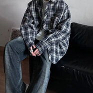 玖臧美式復(fù)古咖色格子襯衫男春秋新款ins百搭厚加絨垂感痞帥襯衣男生 藏青色 XL