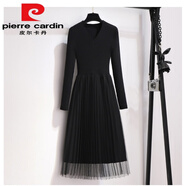 皮爾卡丹（pierre cardin）小香風(fēng)黑色打底針織連衣裙女秋冬修身顯瘦純色百搭網(wǎng)紗拼接毛衣裙 黑色【V/領(lǐng)】 均碼 85-135斤