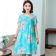 索宛亦（SUOWANYI）棉綢女夏中造棉連衣裙短裙款寬松中年 有袖精品【藍底五彩花】 2XL 90-130斤