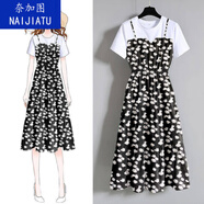 奈加圖（NAIJIATU）小鄒菊碎花連衣裙新款女學(xué)生韓版寬松假兩件吊帶裙中長(zhǎng)款 黑色 XL 【115-130斤】