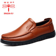 蜻蜓牌皮鞋男士商務(wù)休閑鞋加絨保暖真皮男鞋軟底中老年爸爸鞋青年豆豆鞋 黃棕色 38
